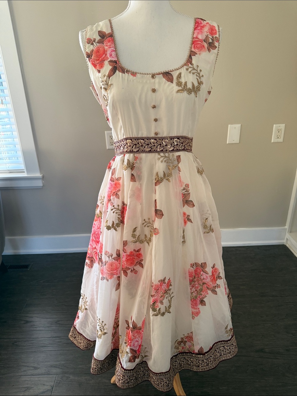 Floral Ivory and Pink Sleeveless Fit-and-Flare Dress